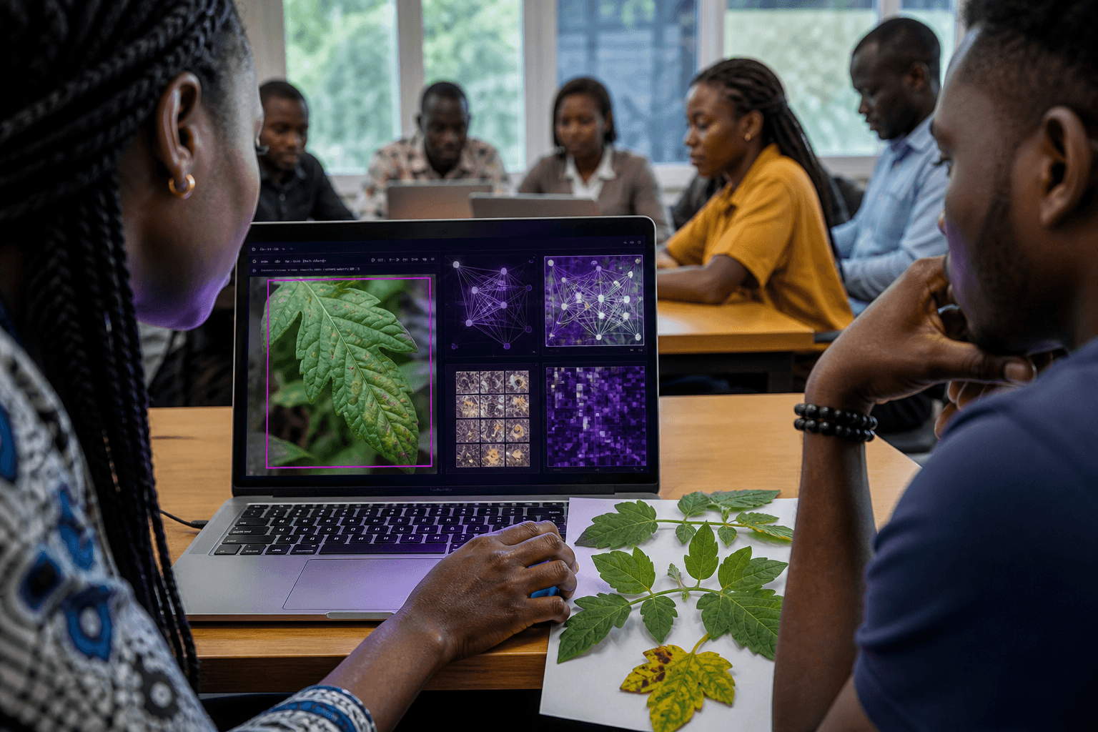 Computer vision workshop using tomato leaves and a machine-learning display