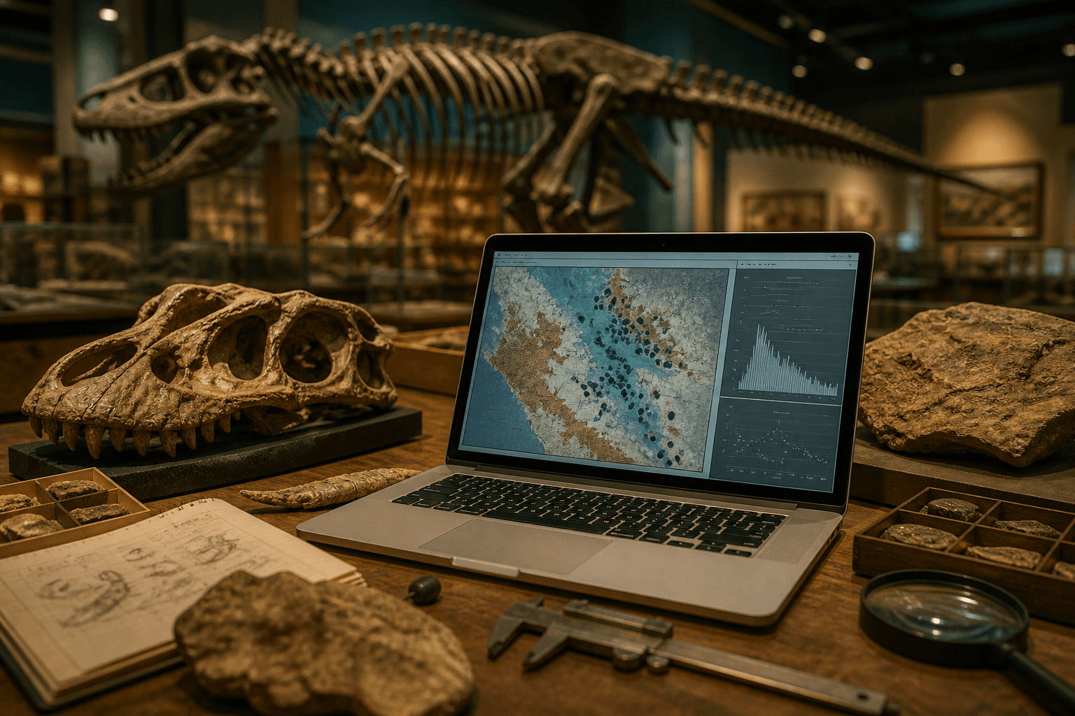 Dinosaur fossils beside a laptop displaying a fossil-distribution analysis