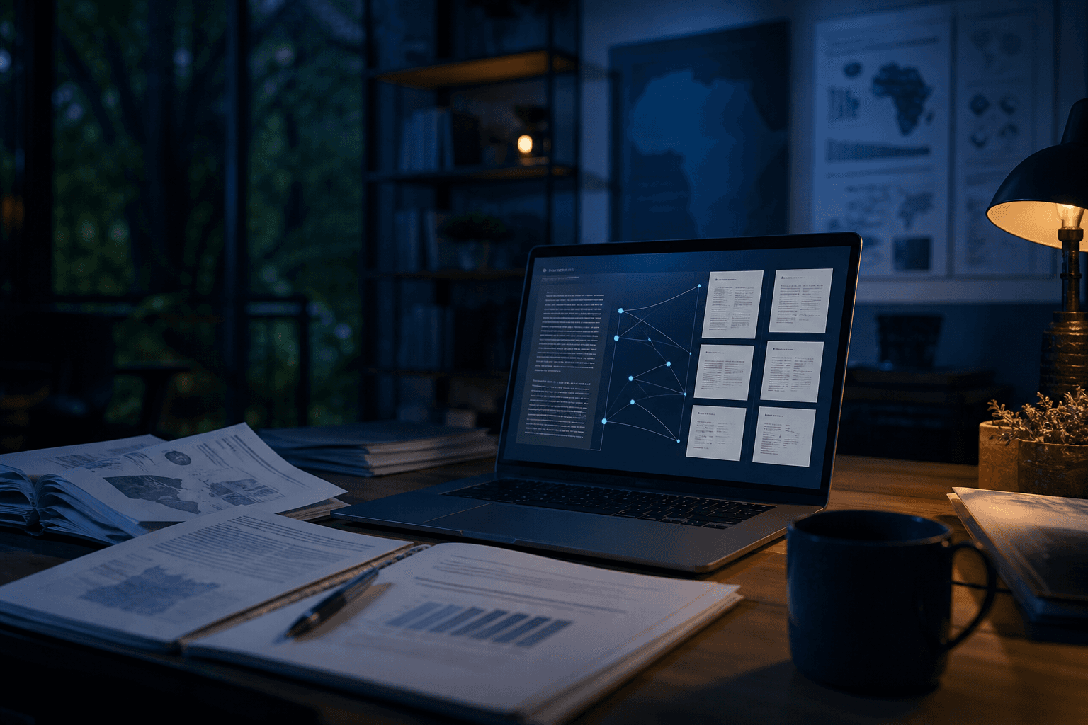 Document intelligence workspace with a laptop analyzing research files