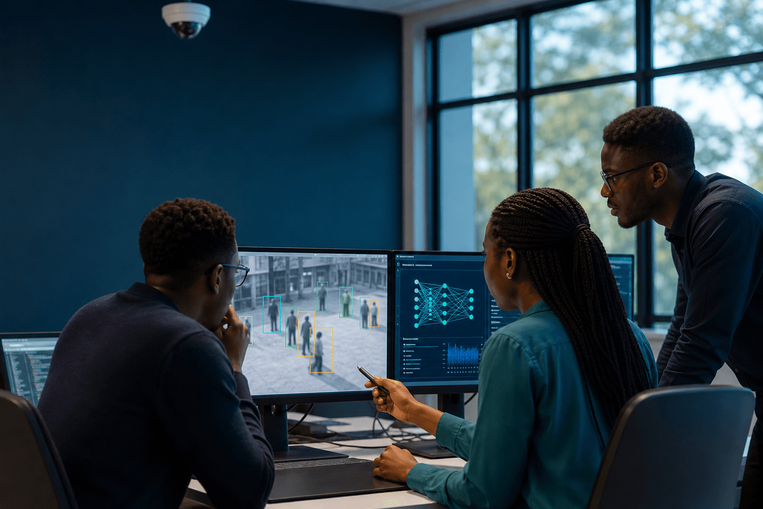 Three university researchers reviewing an anonymized computer-vision surveillance system