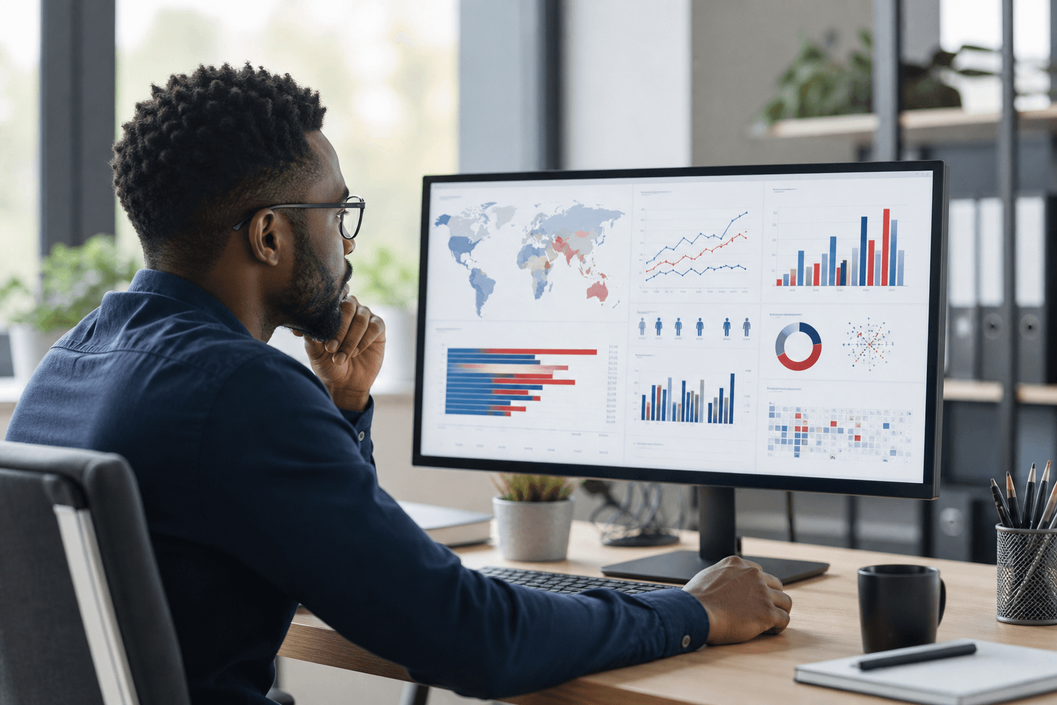 Data analyst reviewing global population-health visualizations