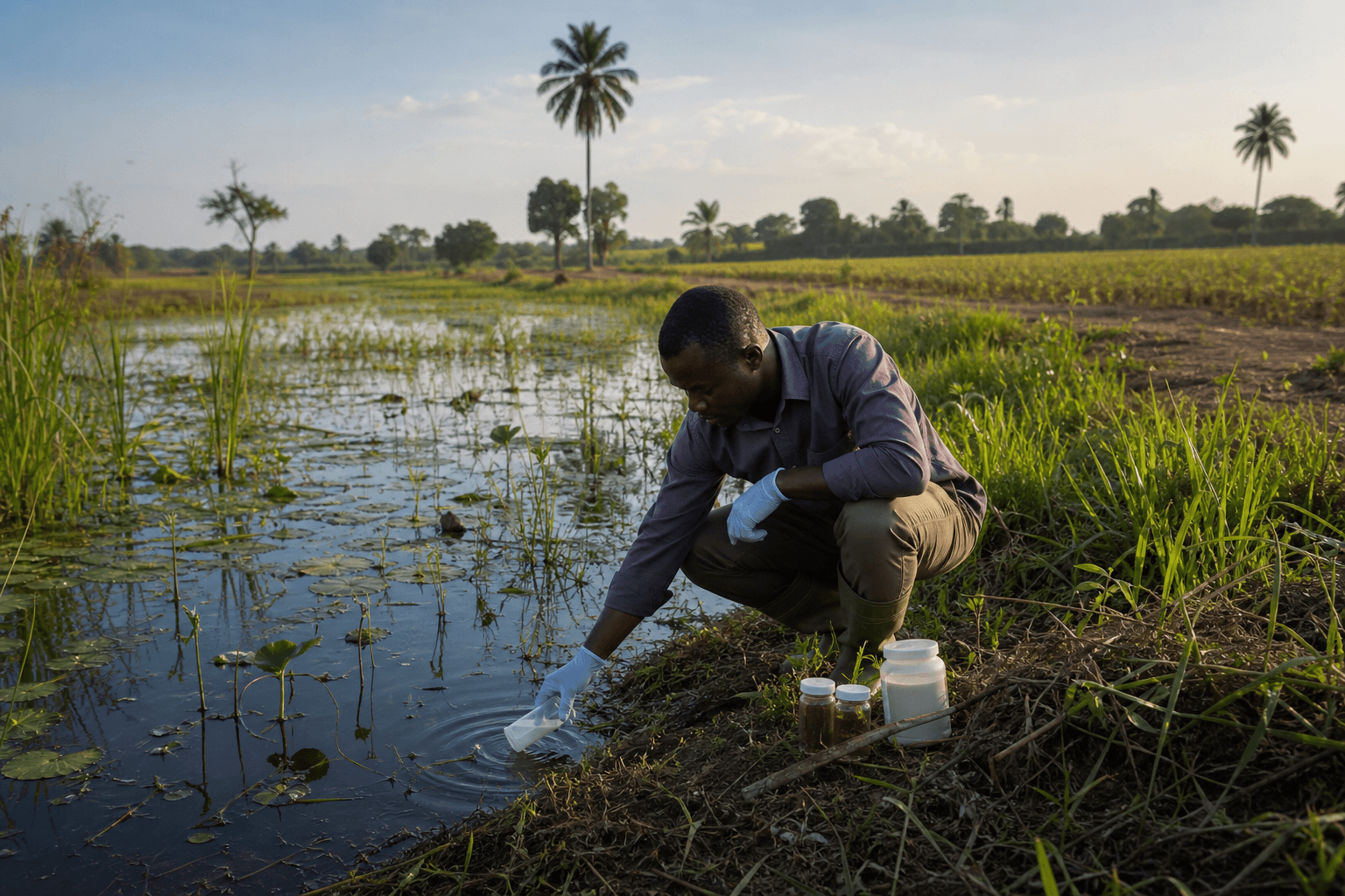 Environmental researcher collecting a water sample beside an inland wetland